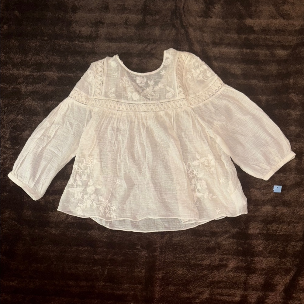 Zara Cream Blouse with Eyelet Patterns and Ruffled Hems